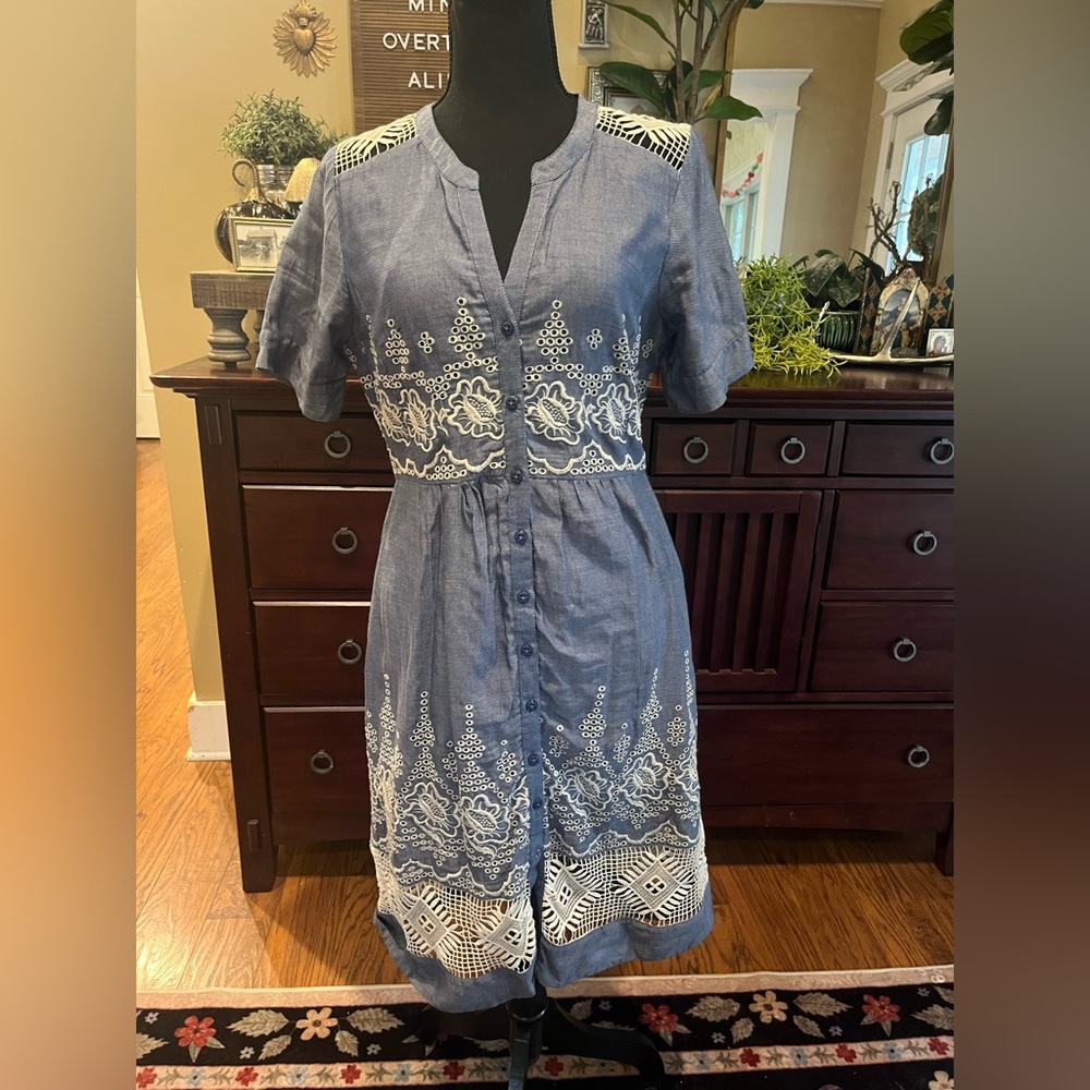 Anthropologie Moulinette Soeurs Blue and White Embroidered Waters Midi Dress Sz4 - Picture 2 of 10